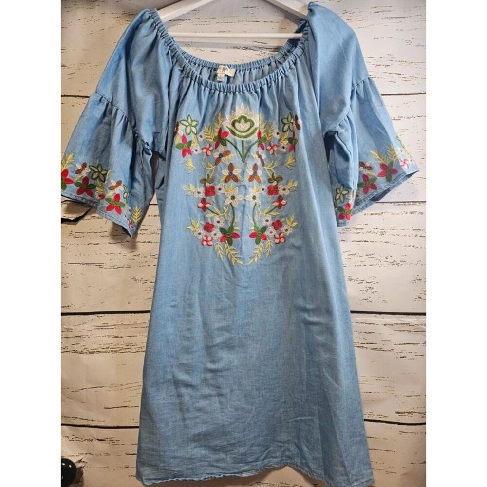 Umgee USA L Chambray Embroidered Floral Boho Shift Dress Bell Sleeve